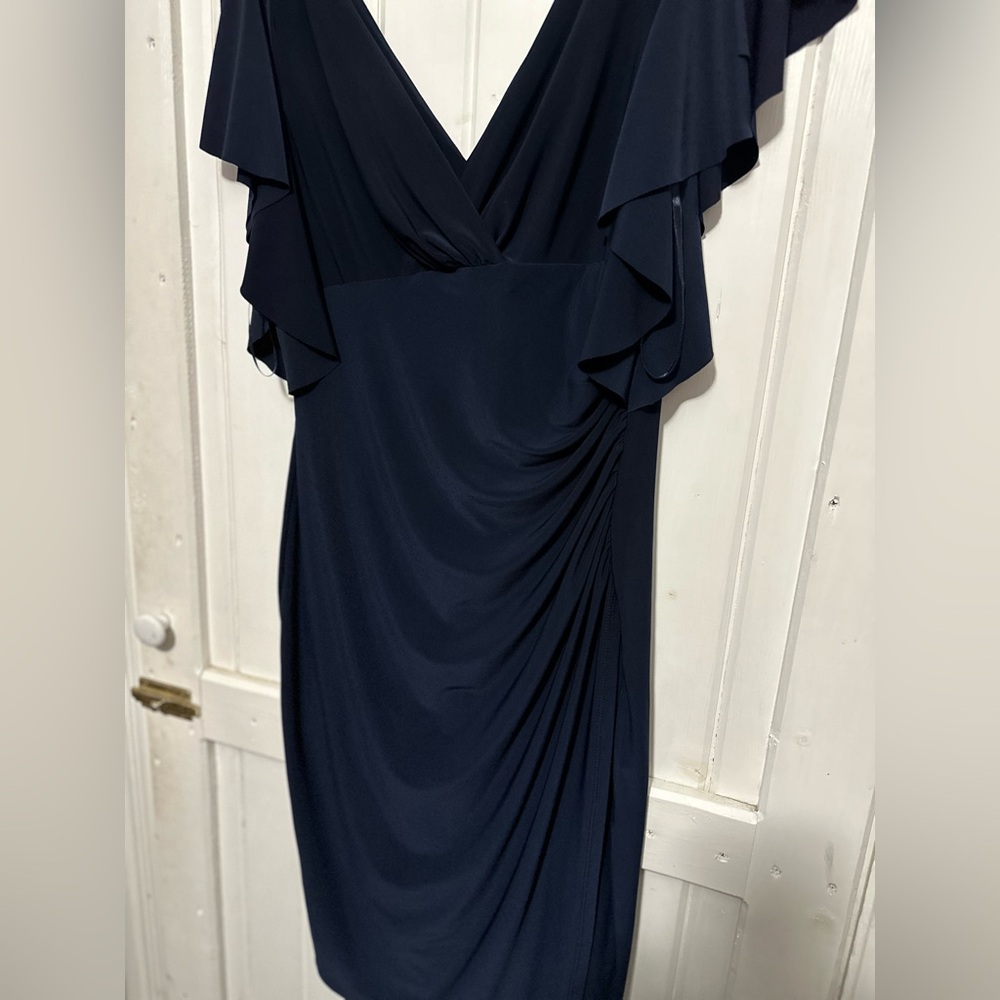 Lauren Ralph Lauren Navy V-Neck Midi Dress with Flutter Sleeves